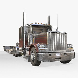 Flat Top Semi Truck Lowboy Trailer - Low Poly