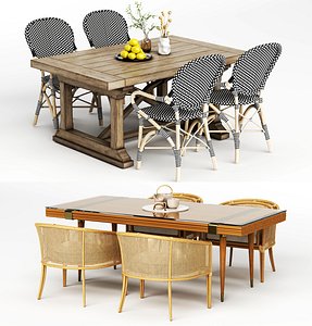 Rustic Farmhouse And Modern Rattan Dining Table Chair Set 3D model