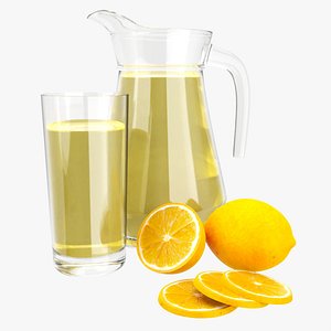 Jug and glass with lemon juice and fruit