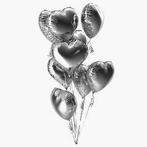 3D Helium Silver Heart Shape Balloons Bouquet model
