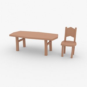 3D model Wooden chair and table low-poly 3D model