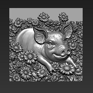 3D Pigs playing among the flowers