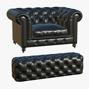 Chesterfield Leather Sofa With Bench 3D