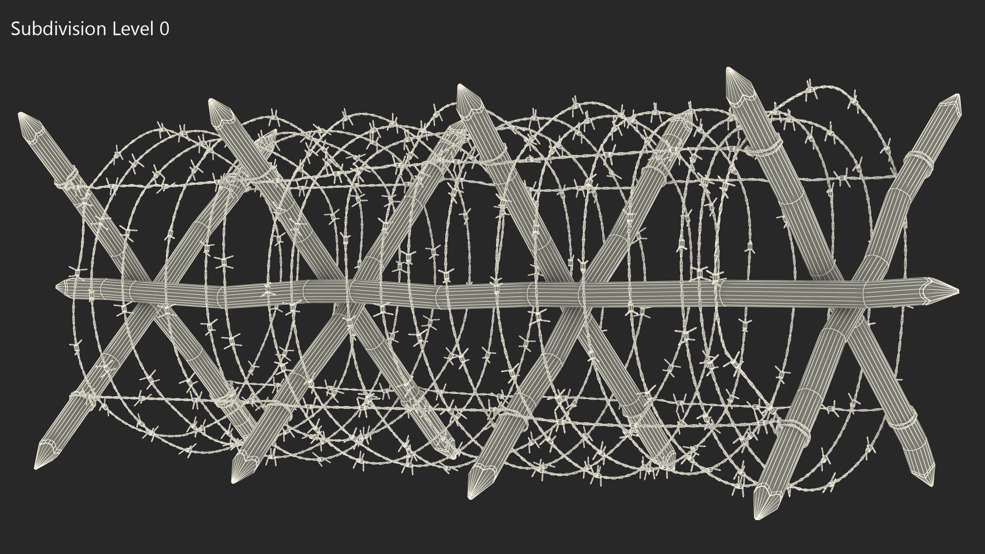 Cheval de Frise Barbed Wire Fence model https://p.turbosquid.com/ts-thumb/Sg/floPqb/cS/chevaldefrisebarbedwirefence3dsmodel018/jpg/1617652539/1920x1080/fit_q87/634af080efdc3db863388c17dc3d3cbc55117294/chevaldefrisebarbedwirefence3dsmodel018.jpg