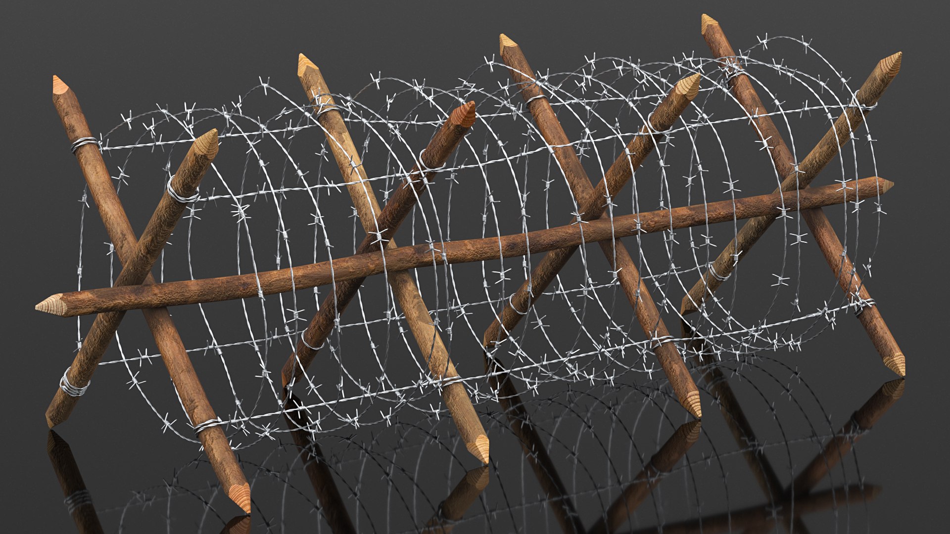 Cheval de Frise Barbed Wire Fence model https://p.turbosquid.com/ts-thumb/Sg/floPqb/oZ/chevaldefrisebarbedwirefence3dsmodel005/jpg/1617652451/1920x1080/fit_q87/0c911e98392af3711893b1ba23fd9be9a2c54c1a/chevaldefrisebarbedwirefence3dsmodel005.jpg