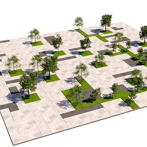 Geometric City Square Paved Plaza with Trees