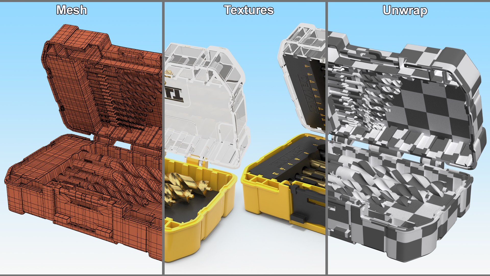 DeWalt Titanium Nitride Coated Drill Bit Set with Case 3D model https://p.turbosquid.com/ts-thumb/Sk/ugzYTG/36/dewalttitaniumnitridecoateddrillbitsetwithcase3dsmodel015/jpg/1685308873/1920x1080/fit_q87/97c623f6b53360371d66b2a97db180eafcc1cc9f/dewalttitaniumnitridecoateddrillbitsetwithcase3dsmodel015.jpg