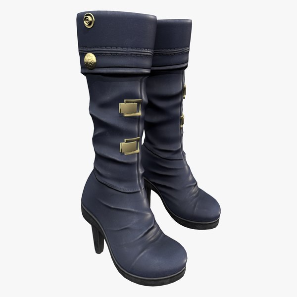 Gold Buckles Decorated Black Leather High Heel Calf Boots 3D