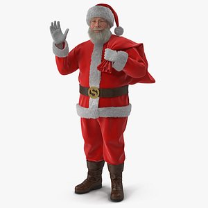 Santa Claus Waving with Gift Bag with Fur 3D
