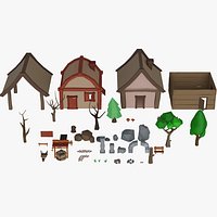 Low poly Nature assets for 3Dgames Small village houses trees rocks road well handcart bench barrier