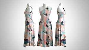 Woman Dress 2 Blue Pink Leaf 3D