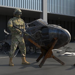 War Zone with Helicopter Wreckage and Soldier