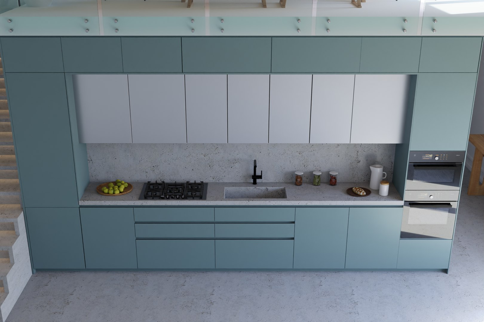 Linear Modern Kitchen blue and chrome with industrial staircase 3D model https://p.turbosquid.com/ts-thumb/Sq/UlbCOa/ko/render_closeup/png/1680596449/1920x1080/fit_q87/9db93ba27560bf98201bdafc502195ca2cd19ece/render_closeup.jpg