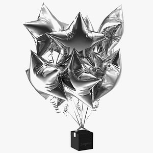 3D Silver Star Balloon Bouquet with Gift Box model