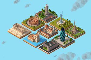 Cartoon Low Poly Europe Landmarks Pack