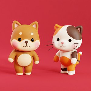 Cartoon Cat and Dog Rigged Animated Characters Animals Pack Low-poly 3D model