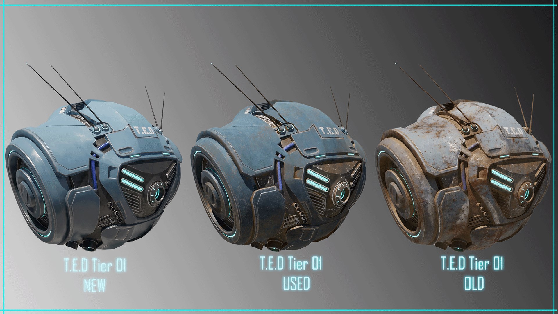 Technical Escort Drone All Tiers TED SciFi Asset Pack 3D model https://p.turbosquid.com/ts-thumb/St/pb7Bmf/n0/ted_01_age_varations/png/1741863022/1920x1080/fit_q87/317e6d91150cae63fe414cbcd57f9ad2151afba1/ted_01_age_varations.jpg