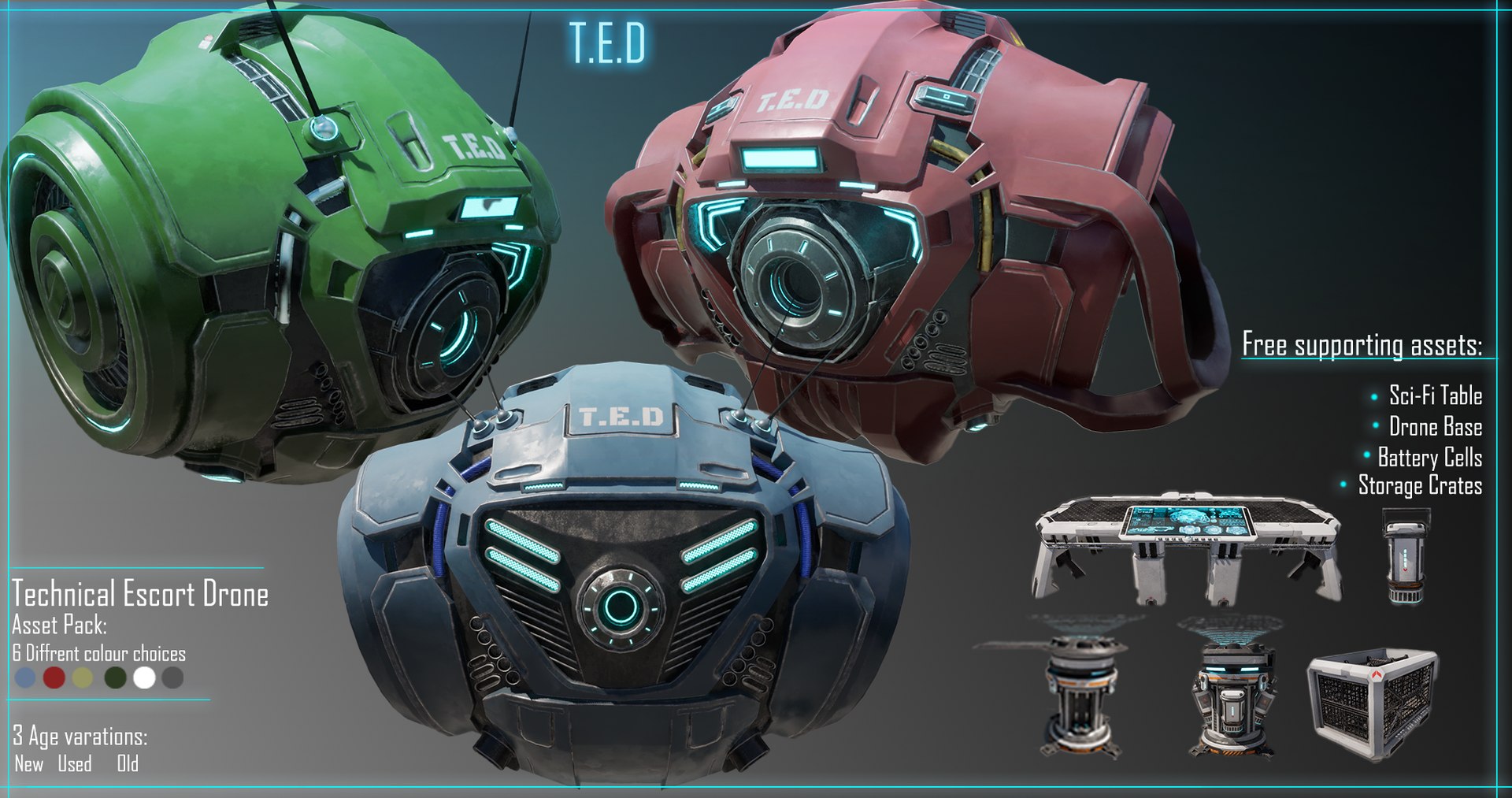 Technical Escort Drone All Tiers TED SciFi Asset Pack 3D model https://p.turbosquid.com/ts-thumb/St/pb7Bmf/rt/artstationfeature/png/1742006737/1920x1080/fit_q87/7139516487afbd39318ebea19cacd25c959759cc/artstationfeature.jpg