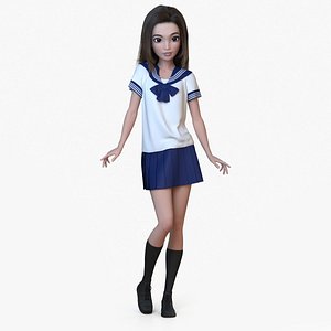 3D model Cartoon Girl Japanese School Standing Shy