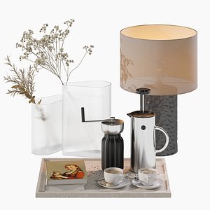 3D Coffee set 15 - tray pot cup books bouquet pot lamp