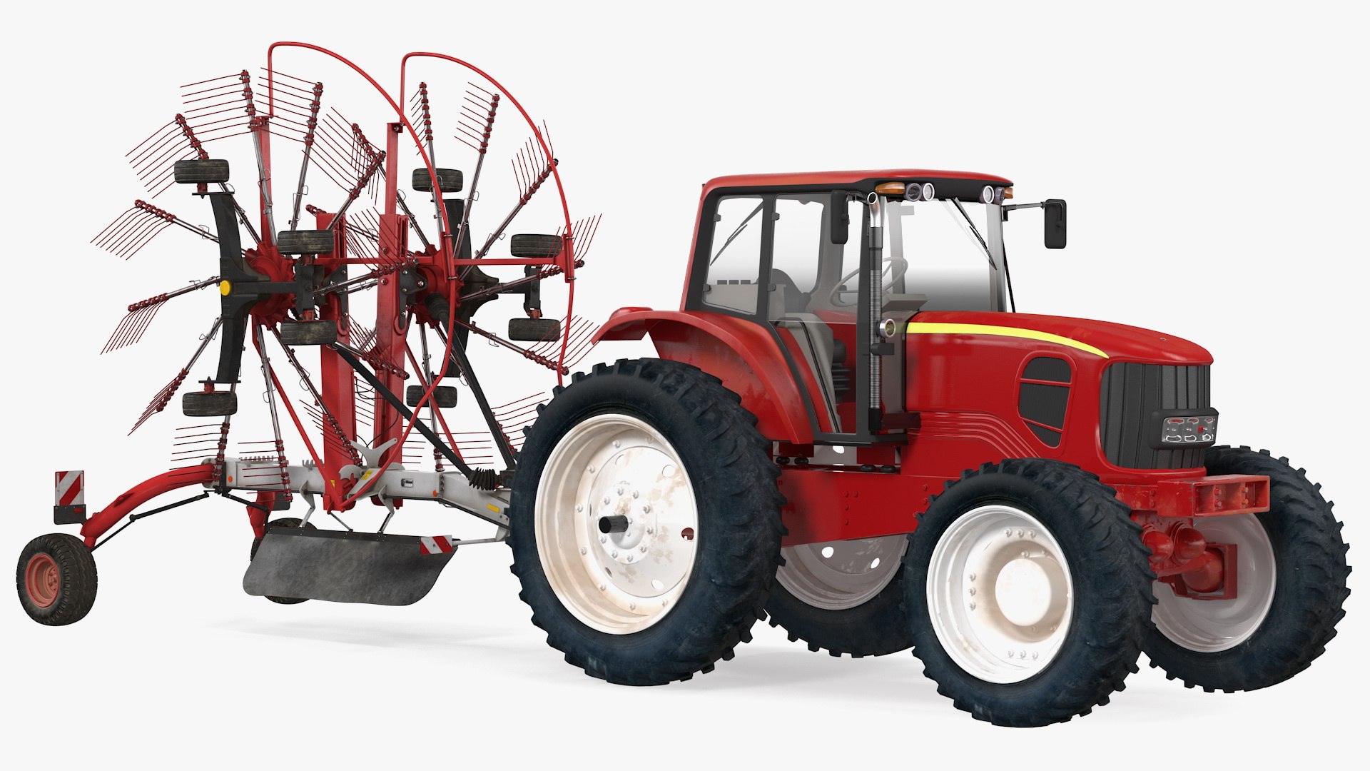 Tractor with Used Twin Rotary Rake Generic Parked 3D model preview