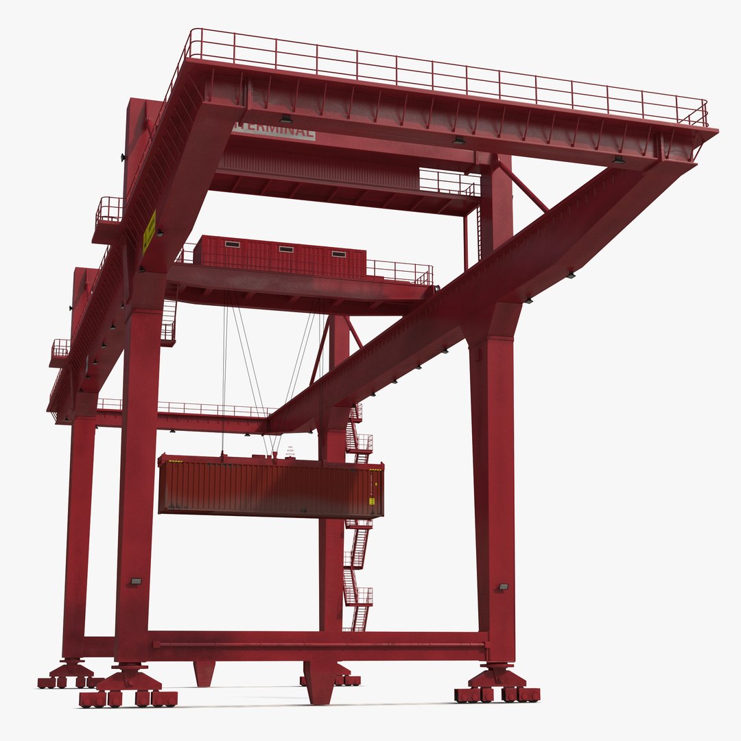 Rail Mounted Gantry Container Crane Red and 40 ft ISO Container 3D model preview