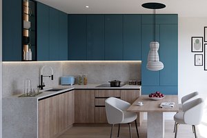 3D model U-Shape modern mini kitchen in blue and walnut