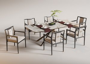 3D New Chinese Style Dining Set Dining Table and Chairs model