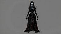 The character in the image is a Gothic Dark Fantasy Witch  Vampire Queen Character a macabre femal