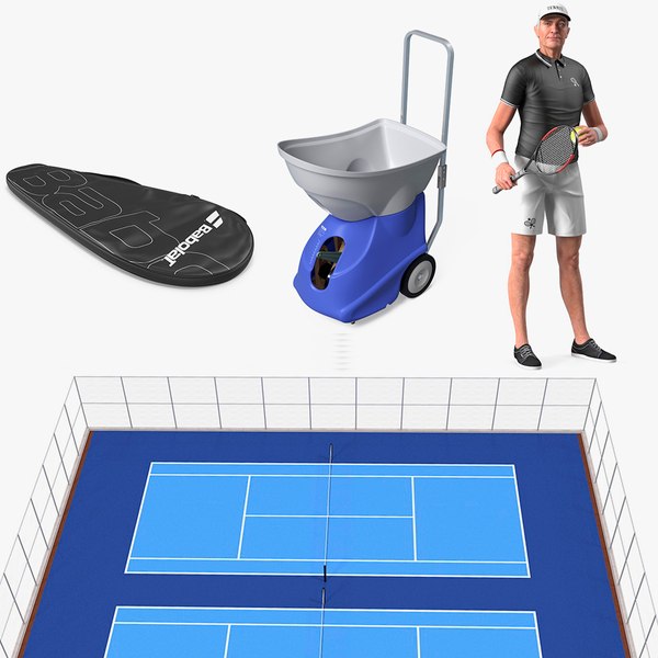 3D model Rigged Elderly Man Sport Wear with Tennis Equipment Collection for Cinema 4D