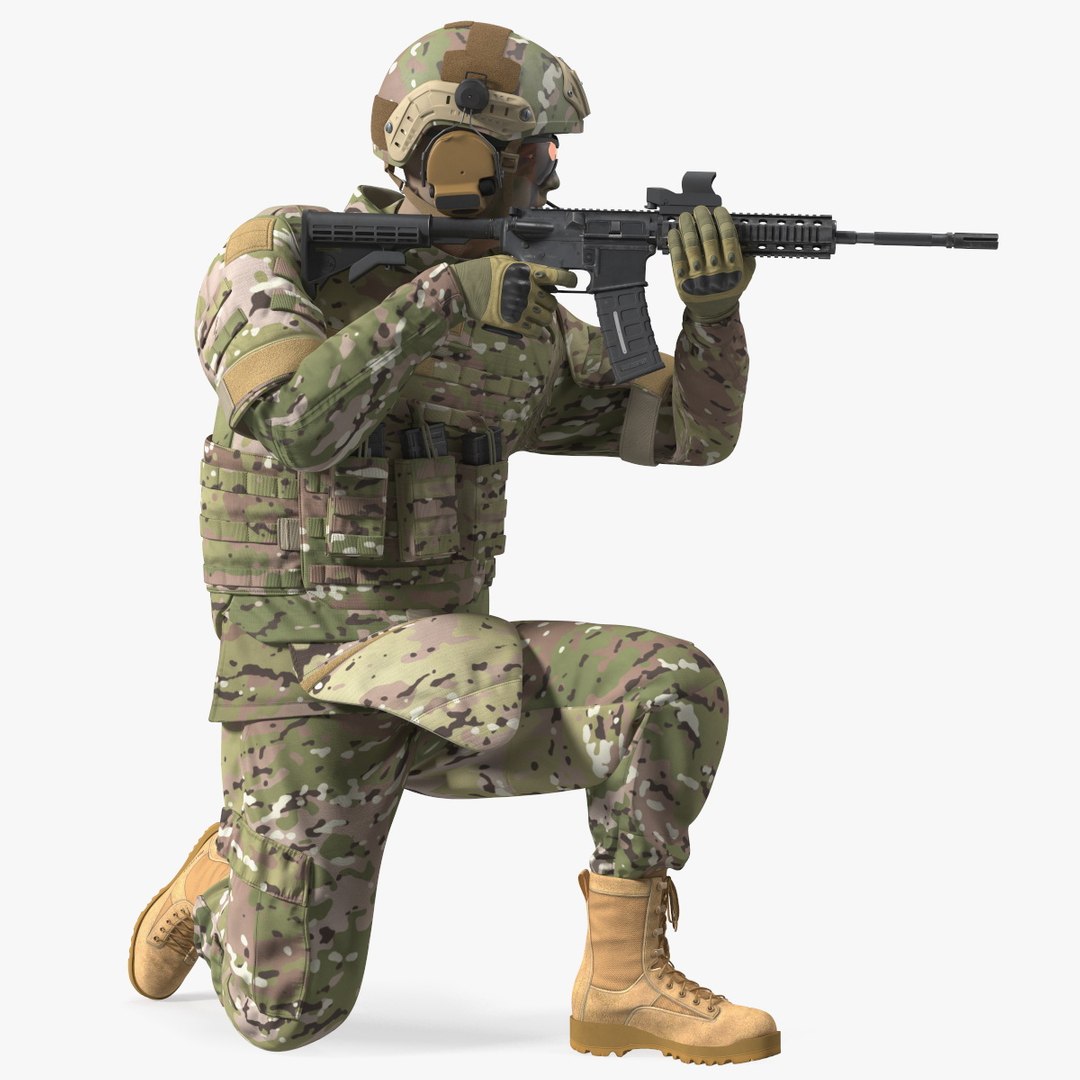 Army Soldier in Green Camo with Rifle Aiming Fur 3D model preview
