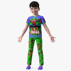 Asian Child Boy in Spiderman T-shirt