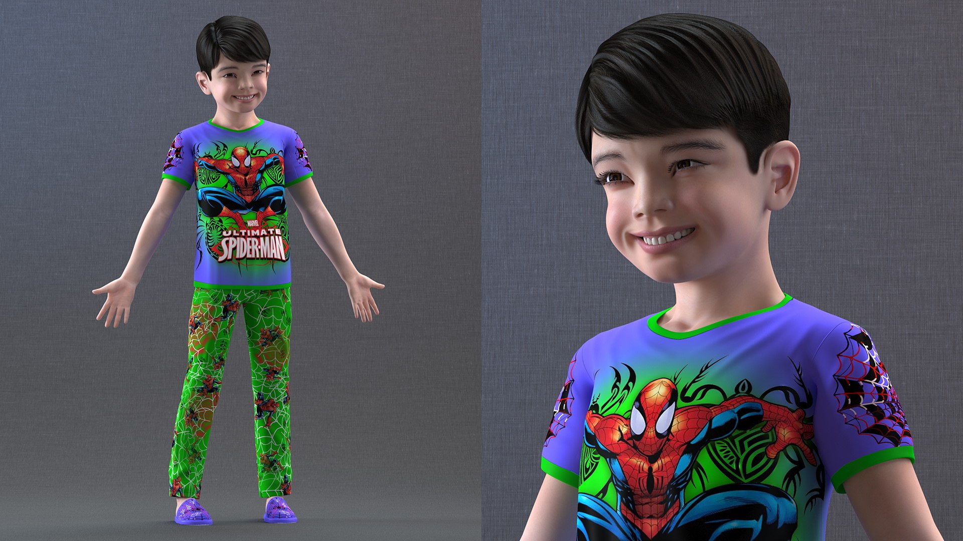 3D Asian Child Boy in Spiderman T-shirt https://p.turbosquid.com/ts-thumb/T2/zjrZlx/db/asianchildboyinspidermantshirtvray3dmodel008/jpg/1667316884/1920x1080/fit_q87/fbe9c6998f67844bd3f49a795cab91c6d0b30ca0/asianchildboyinspidermantshirtvray3dmodel008.jpg