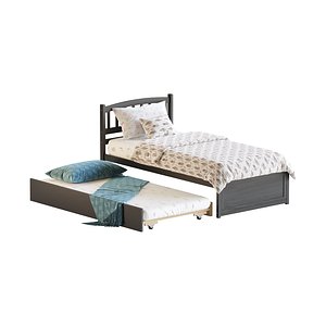 Twin Size Platform Bed Wood Bed Frame with Trundle 3D
