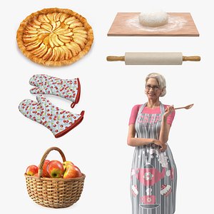 Elderly Woman with Pie Preparings Collection 3D