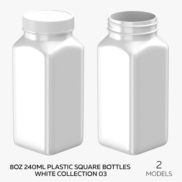 3D 8oz 240ml Plastic Square Bottles White Collection 03 - 2 models ...