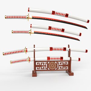 3D model White Double Bladed Katana Wakizashi and Stand