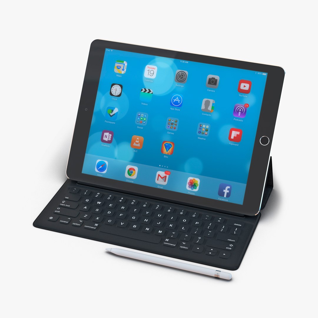 iPad Pro with Pencil and Smart Keyboard 3D Model 3D model preview