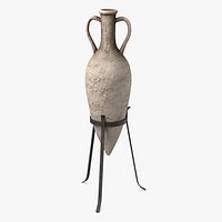 Antique Clay Amphora on Iron Stand Beige