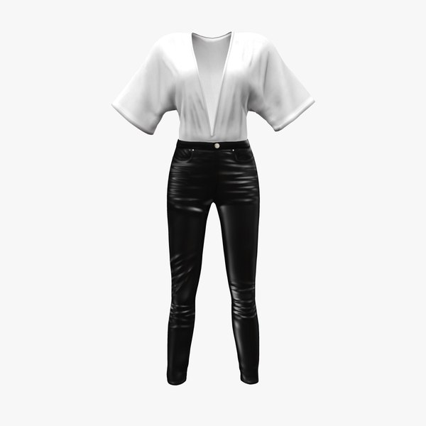 3D Leather Pants and White Wrap Top