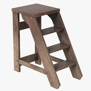3 Step Wooden Ladder Old Wood 3D model