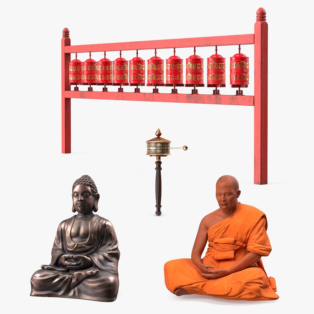 Buddhist Monk with Prayer Wheels Collection 3 3D model preview