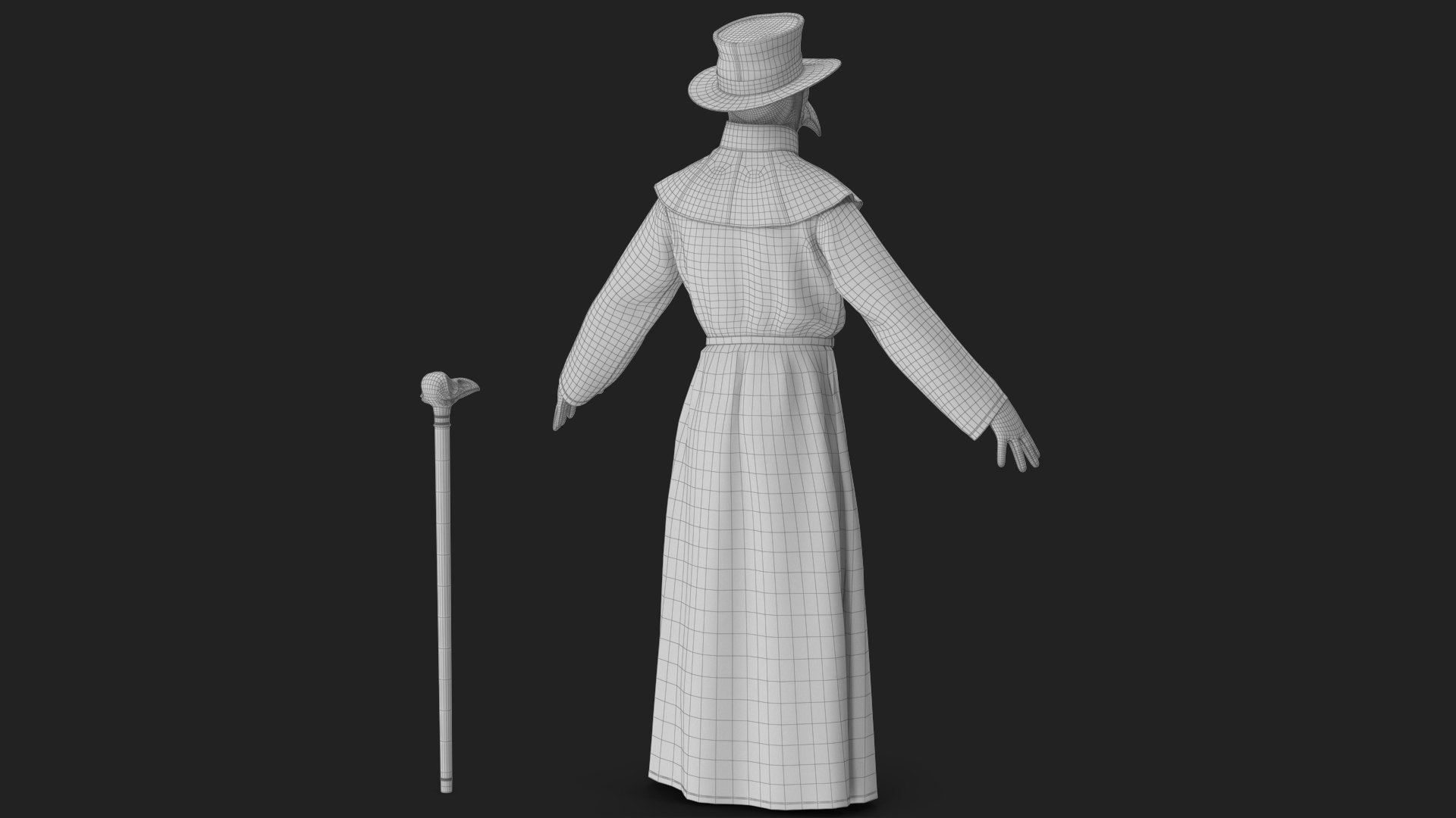 Plague Doctor Costume with Staff Brown 3D model https://p.turbosquid.com/ts-thumb/TB/q2LxOl/5U/wireframe_04/jpg/1780037149/1920x1080/fit_q87/a2ff6e3f68117c281918b5ec5fb8e50d197bd370/wireframe_04.jpg