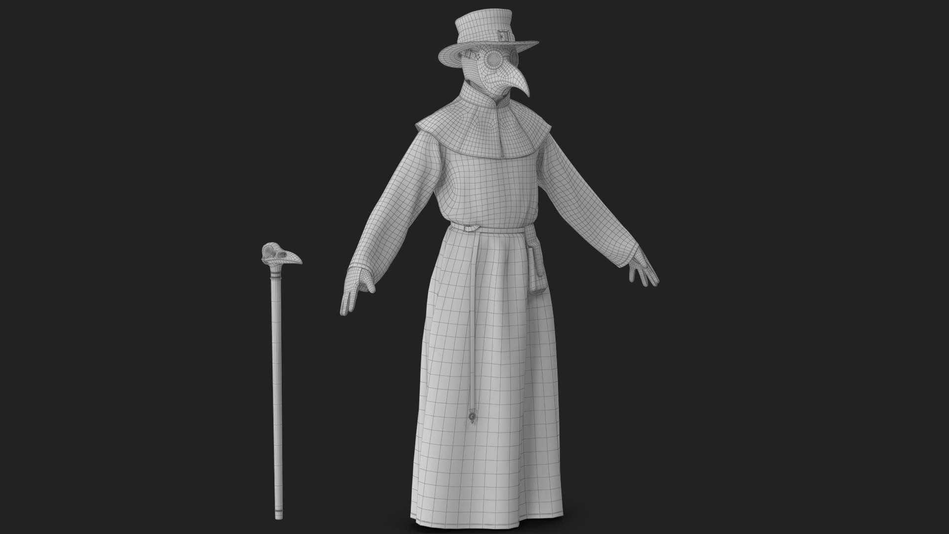 Plague Doctor Costume with Staff Brown 3D model https://p.turbosquid.com/ts-thumb/TB/q2LxOl/FE/wireframe_02/jpg/1780037145/1920x1080/fit_q87/e9ecf15ad27c31caa3b073d8d4ccdcf3650eaa33/wireframe_02.jpg