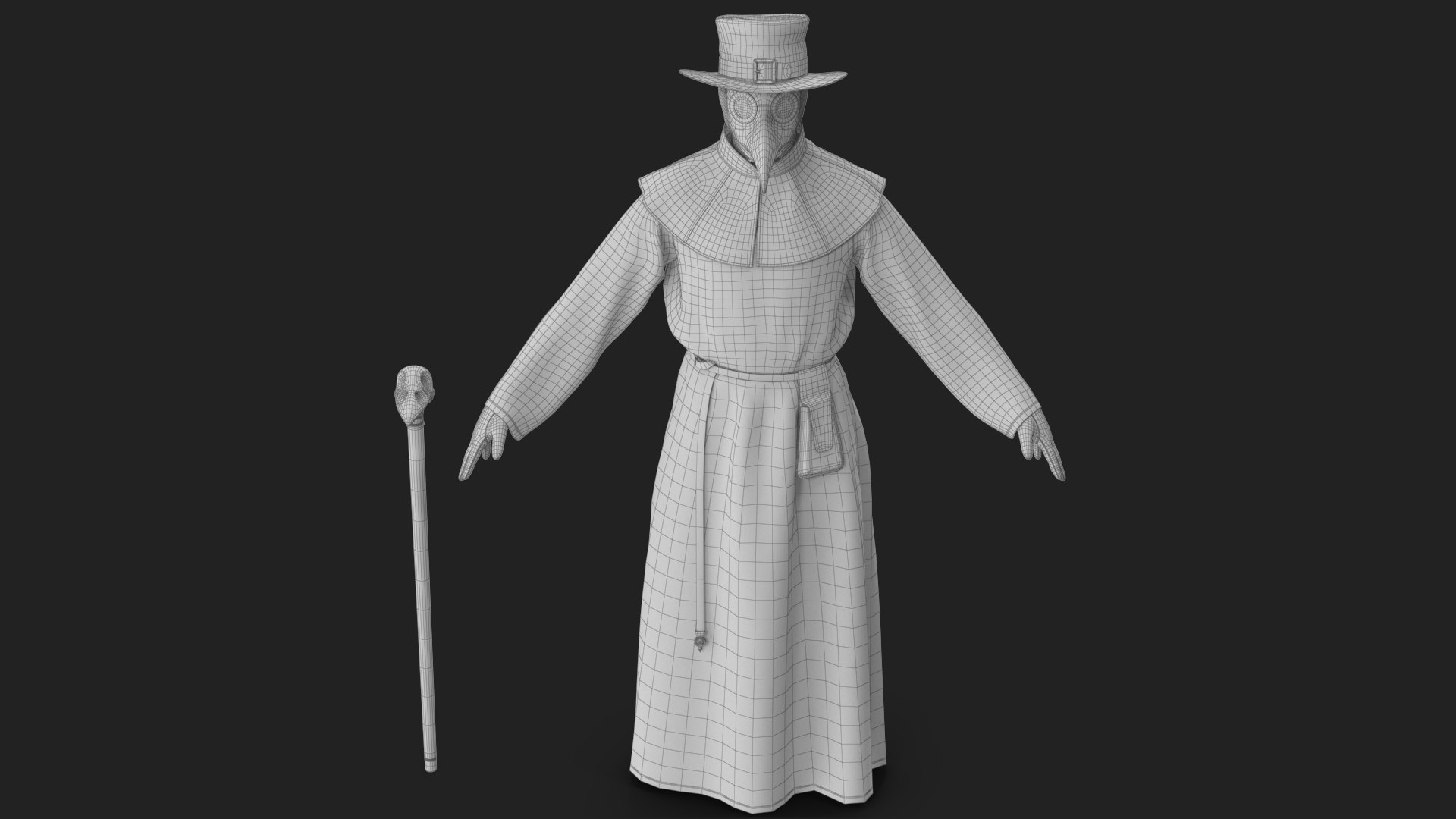 Plague Doctor Costume with Staff Brown 3D model https://p.turbosquid.com/ts-thumb/TB/q2LxOl/LP/wireframe_25/jpg/1780037277/1920x1080/fit_q87/8610fc51ac0c96936dee8e2daa53a07e2c4c9e91/wireframe_25.jpg