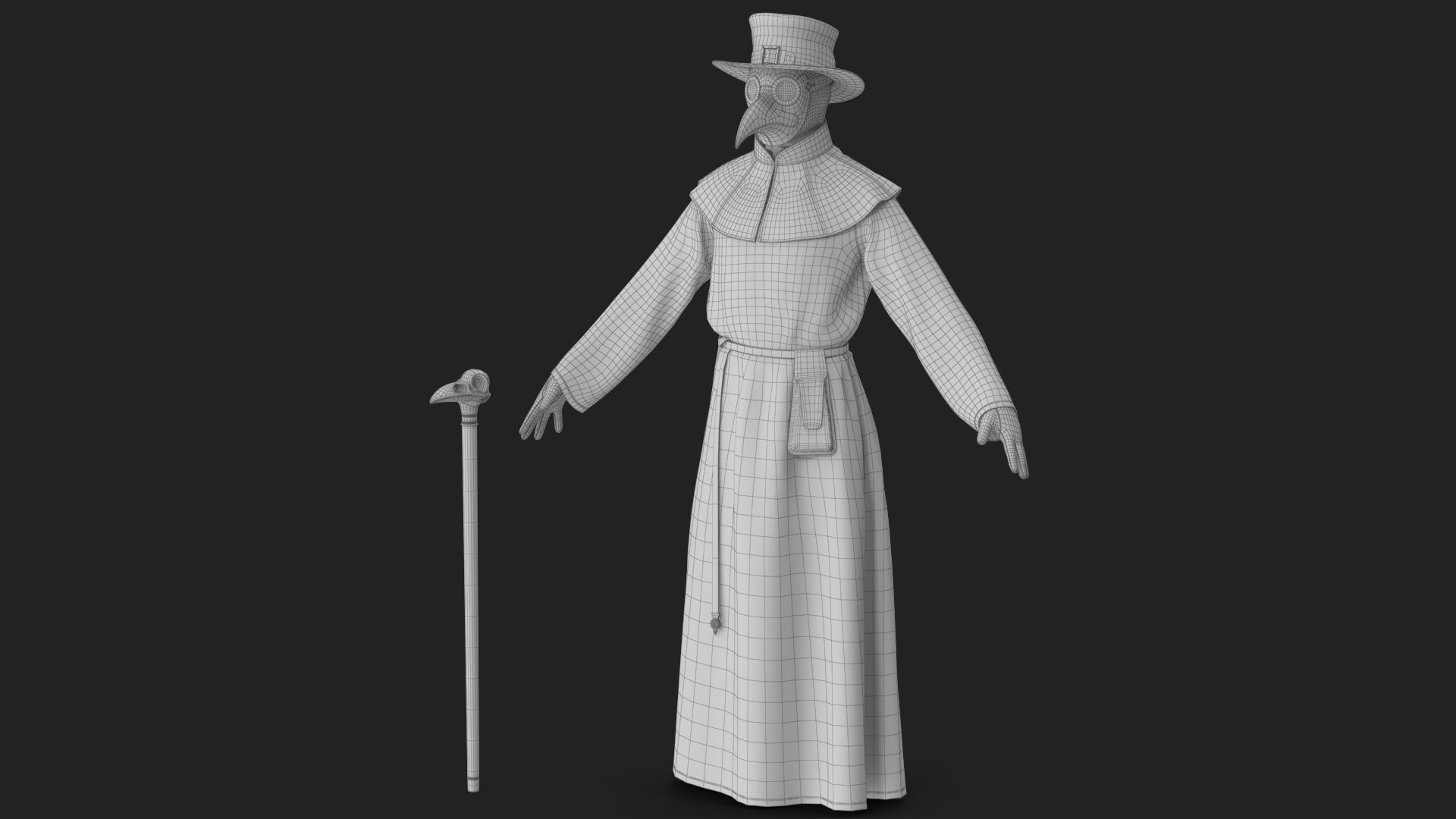 Plague Doctor Costume with Staff Brown 3D model https://p.turbosquid.com/ts-thumb/TB/q2LxOl/P0/wireframe_03/jpg/1780037146/1920x1080/fit_q87/bfe9eef634e9d418ed92b6ae522d57b40318ddf4/wireframe_03.jpg