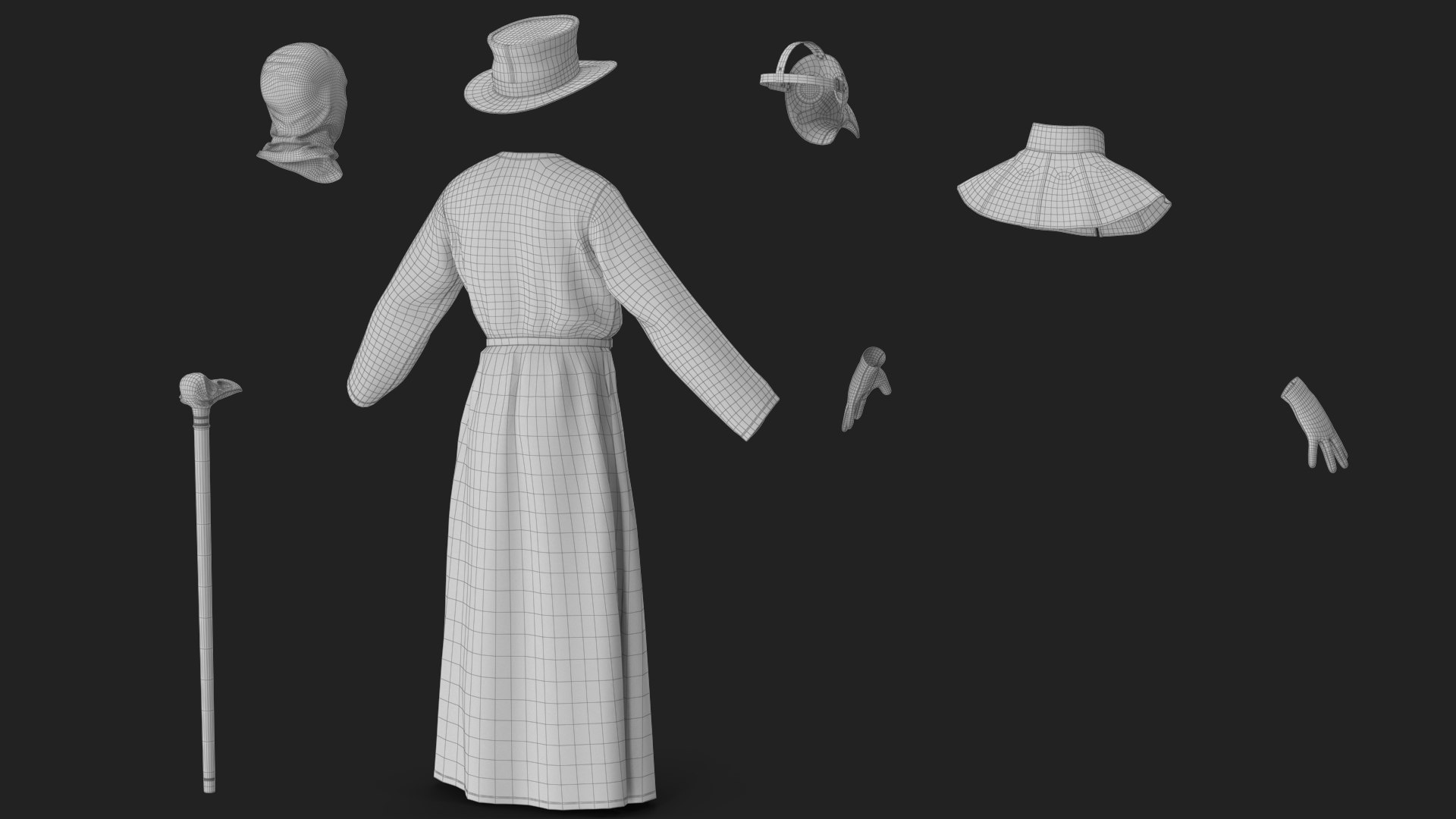 Plague Doctor Costume with Staff Brown 3D model https://p.turbosquid.com/ts-thumb/TB/q2LxOl/Ul/wireframe_07/jpg/1780037160/1920x1080/fit_q87/aad75f49fb600087cbac3030b88d0526910a4e01/wireframe_07.jpg