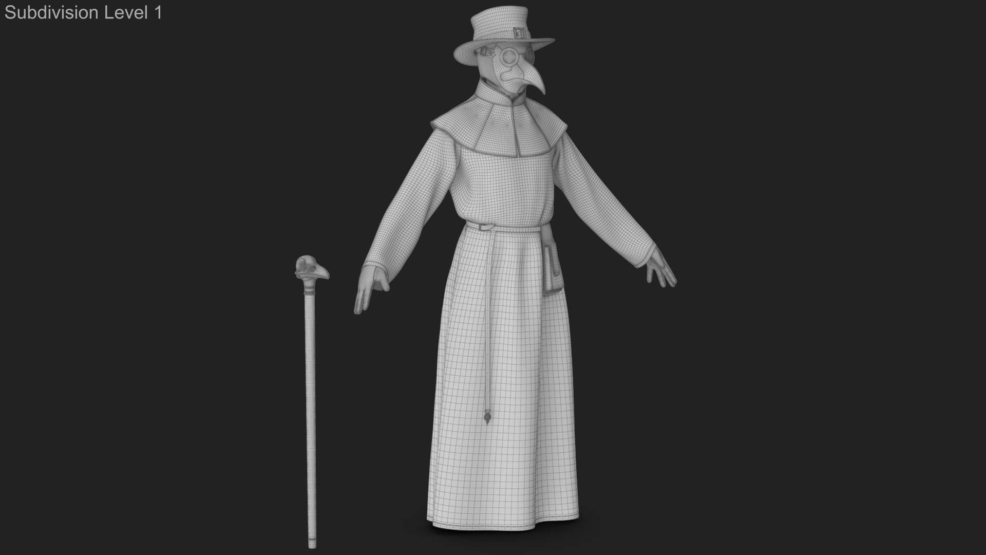 Plague Doctor Costume with Staff Brown 3D model https://p.turbosquid.com/ts-thumb/TB/q2LxOl/lA/wireframe_01/jpg/1780037130/1920x1080/fit_q87/13bf6a1cb0675dcc590c643a4f945c69fcb17dfb/wireframe_01.jpg