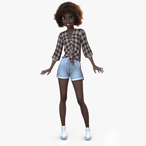 3D Cartoon Girl African Casual Standing Smiling Brown model