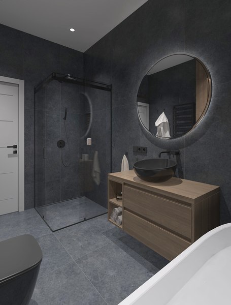 Beautiful bathroom with dark tiles model